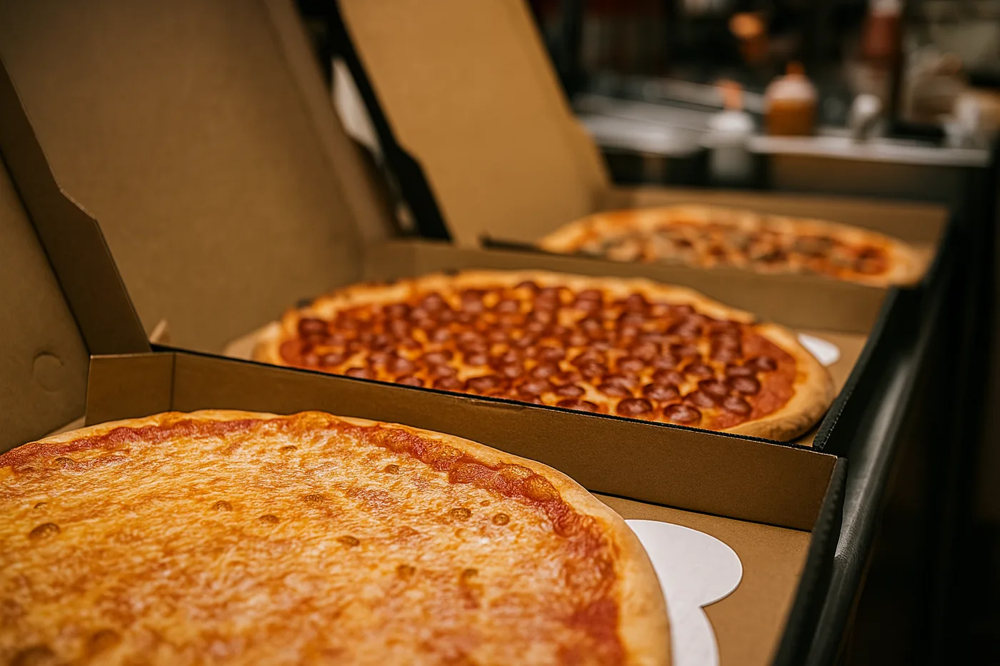 Boxed Brooklyn City pies fresh out of the oven